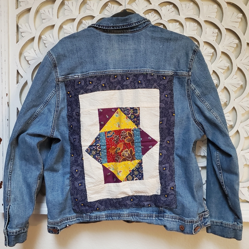 Upcycled Denim Mini Quilt Bird Theme Old Navy Jecket XXL